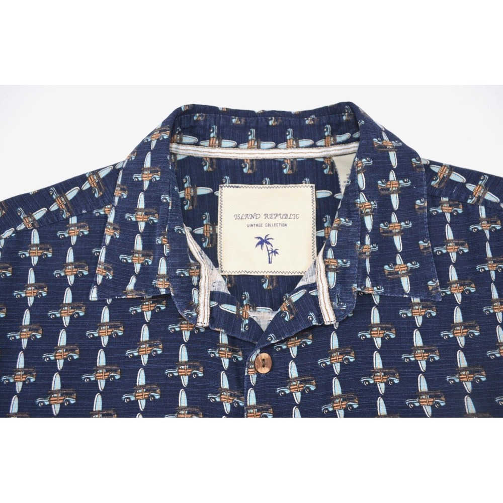 Island Republic Silk Hawaiian Aloha Shirt Men's XL Blue w/ Woody & Surf Board